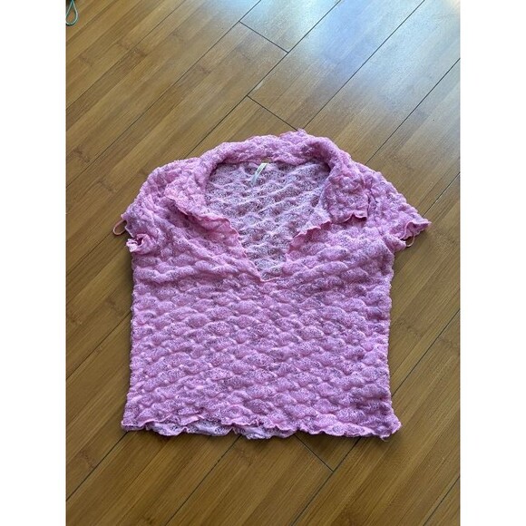 Free People Molly Tee Textured Pink Crop Polyester Stretch XS - Picture 2 of 5